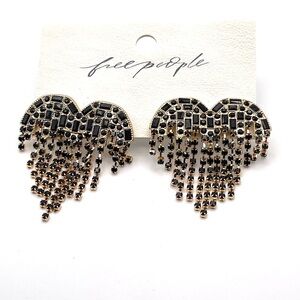 NWT Free People Black and Gold Rhinestone Hearts on Fire Dangle Earrings